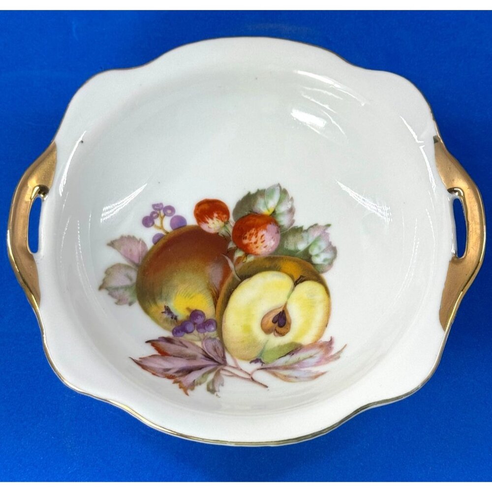 Goldcastle Japan Porcelain Bowl With Fruit Design & Gold Handles Vintage